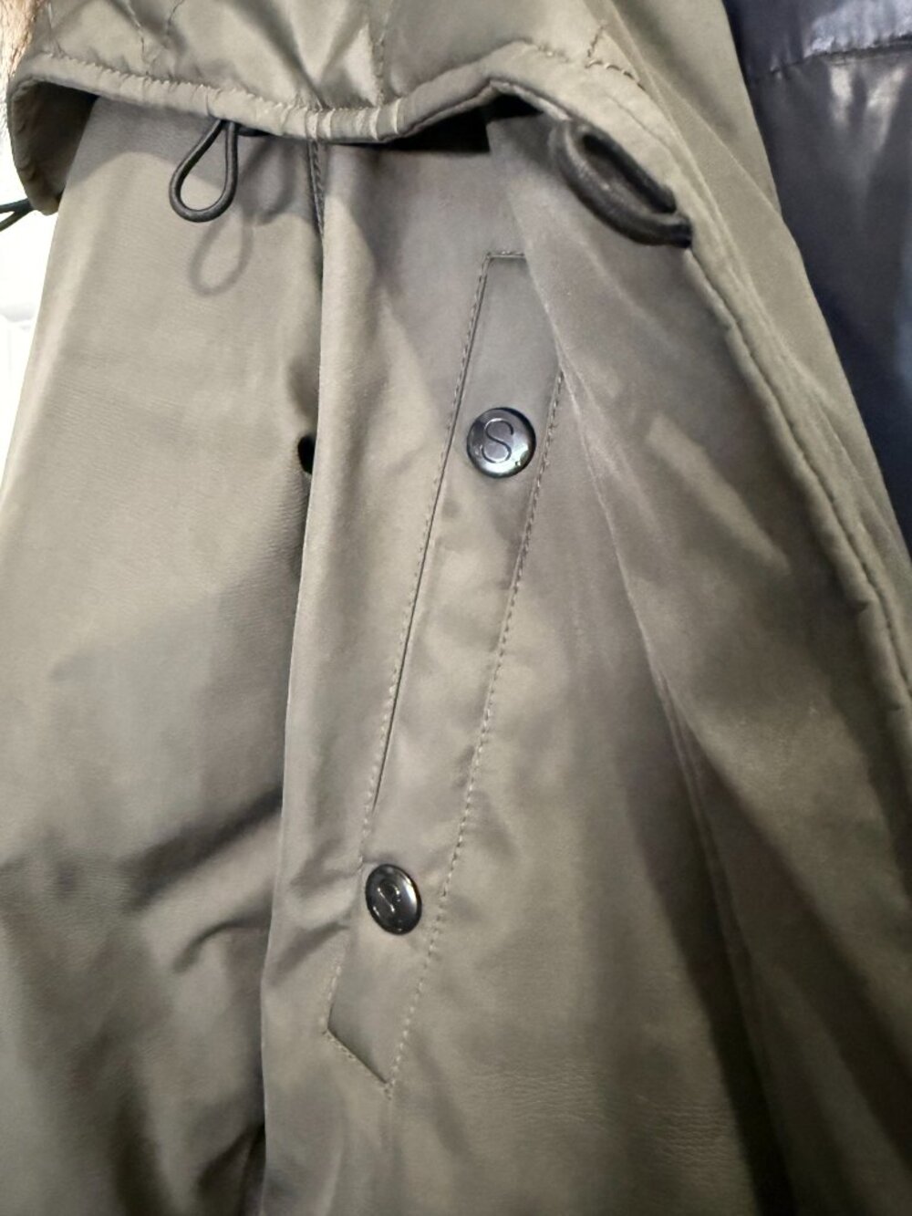 S13 New York Olive Green Down & Feather Lined Parka Coat Faux Fur Hood Size S - Picture 5 of 8